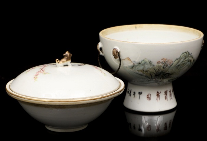 古玩陶瓷清光緒 淺絳彩花鳥山水紋暖鍋真品鑒賞圖