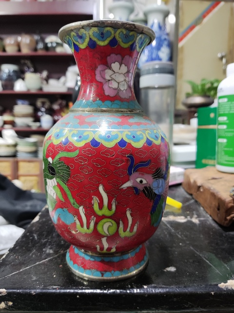 古玩雜項龍鳳紋景泰藍銅瓶真品鑒賞圖