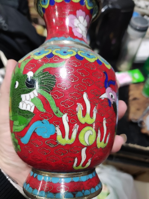 古玩雜項龍鳳紋景泰藍銅瓶真品鑒賞圖