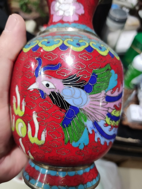 古玩雜項龍鳳紋景泰藍銅瓶真品鑒賞圖