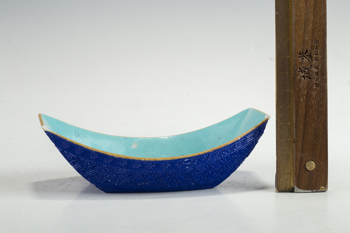 古玩陶瓷清中·藍(lán)釉描金團(tuán)壽紋茶船拍賣(mài)，當(dāng)前價(jià)格5000元