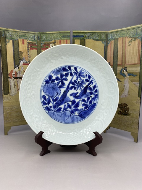 古玩陶瓷明晚期 青花花鳥模印紋盤拍賣,當前價格2977元
