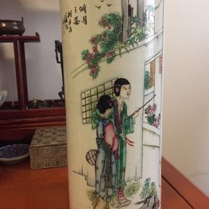 古玩陶瓷油粉彩人物紋帽筒，模糊、偏老真品鑒賞圖