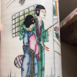 古玩陶瓷油粉彩人物紋帽筒，模糊、偏老真品鑒賞圖