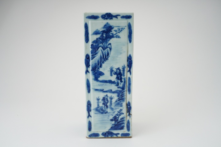 古玩陶瓷人物山水紋四方筒瓶真品鑒賞圖