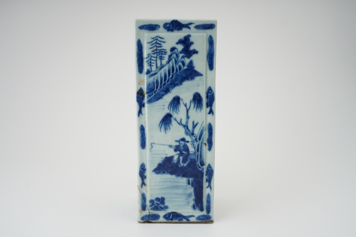 古玩陶瓷人物山水紋四方筒瓶真品鑒賞圖