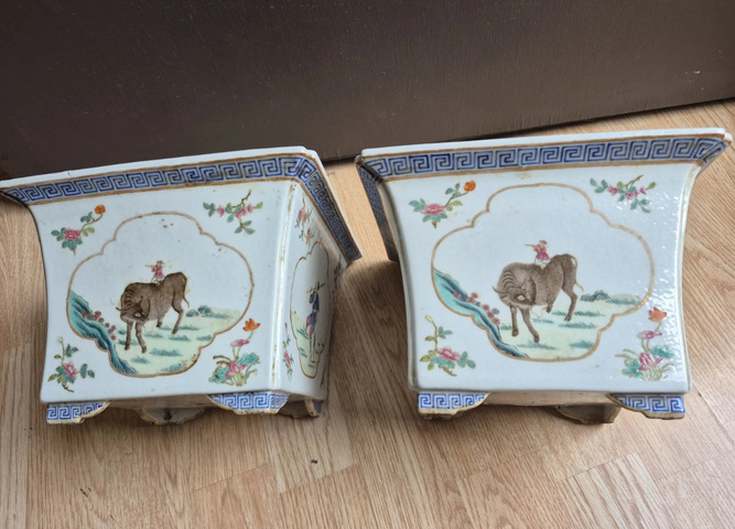 古玩陶瓷民國 粉彩人物四方花盆真品鑒賞圖