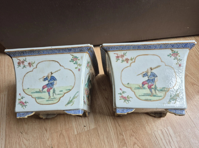 古玩陶瓷民國 粉彩人物四方花盆真品鑒賞圖