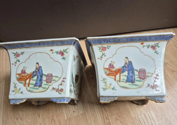 古玩陶瓷民國 粉彩人物四方花盆真品鑒賞圖