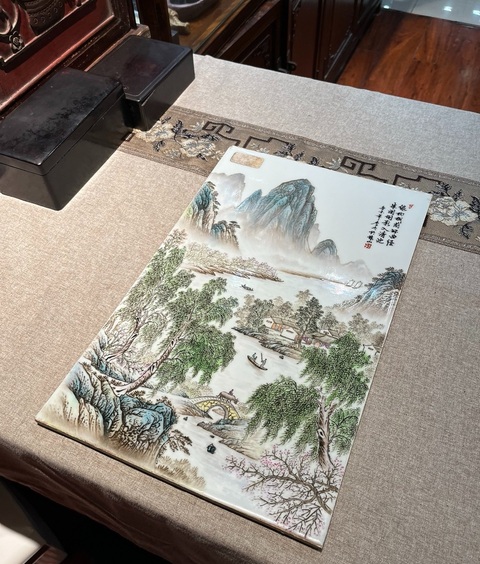 古玩陶瓷粉彩山水紋瓷板真品鑒賞圖