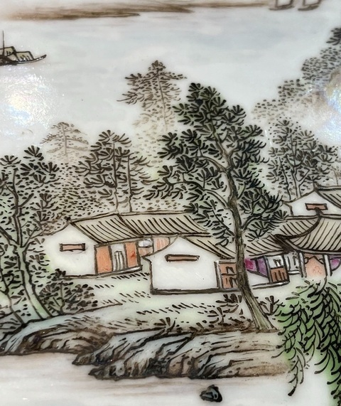 古玩陶瓷粉彩山水紋瓷板真品鑒賞圖
