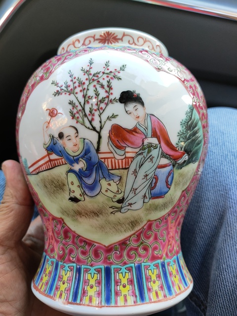 古玩陶瓷粉彩開光人物故事罐真品鑒賞圖