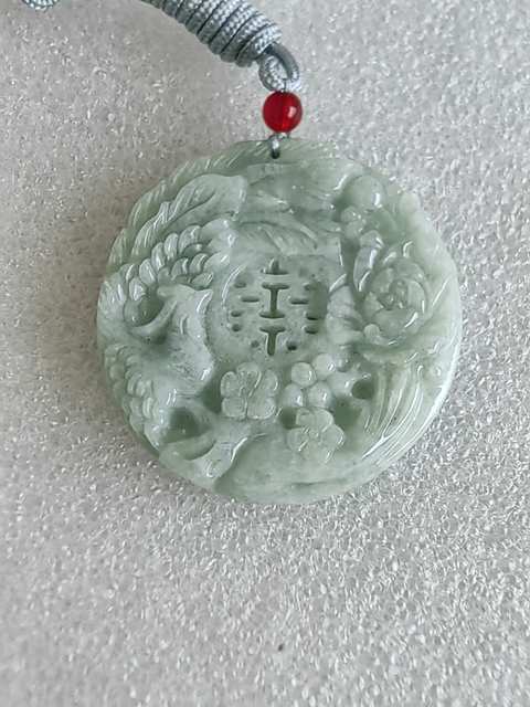 古玩玉器天然翡翠雕“鳳凰牡丹”牌拍賣，當前價格480元