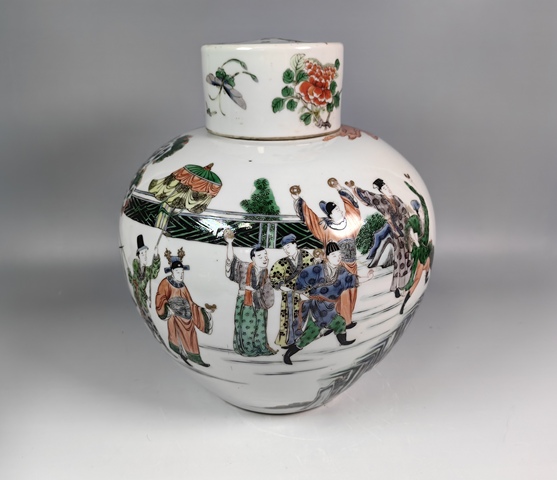 古玩陶瓷晚清蔡襄造橋人物故事紋五彩蓋罐真品鑒賞圖