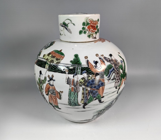 古玩陶瓷晚清蔡襄造橋人物故事紋五彩蓋罐真品鑒賞圖