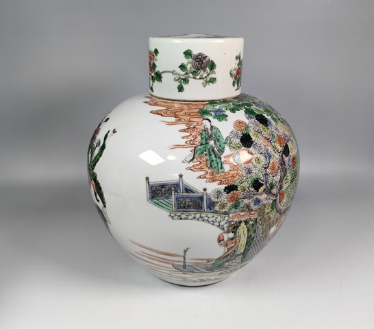 古玩陶瓷晚清蔡襄造橋人物故事紋五彩蓋罐真品鑒賞圖