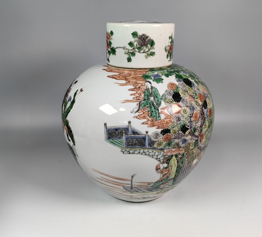 古玩陶瓷晚清蔡襄造橋人物故事紋五彩蓋罐真品鑒賞圖