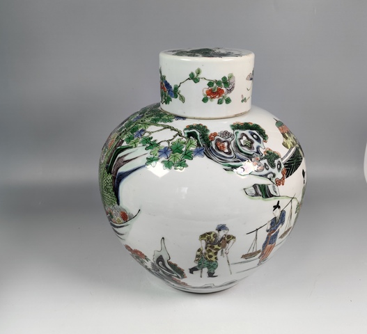 古玩陶瓷晚清蔡襄造橋人物故事紋五彩蓋罐真品鑒賞圖