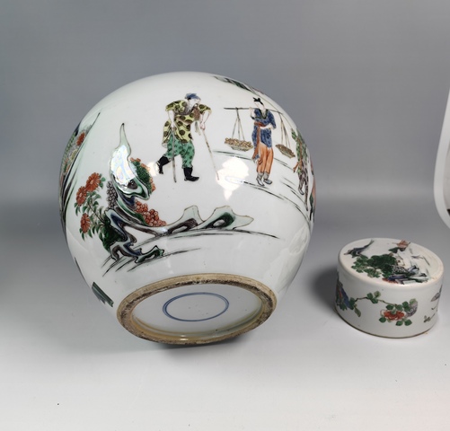 古玩陶瓷晚清蔡襄造橋人物故事紋五彩蓋罐真品鑒賞圖