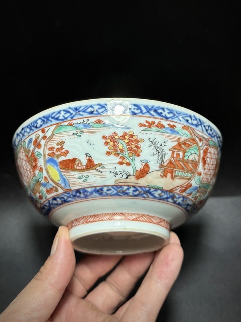 古玩陶瓷清康熙·青花五彩暗刻開(kāi)窗山水人物紋碗拍賣，當(dāng)前價(jià)格1850元