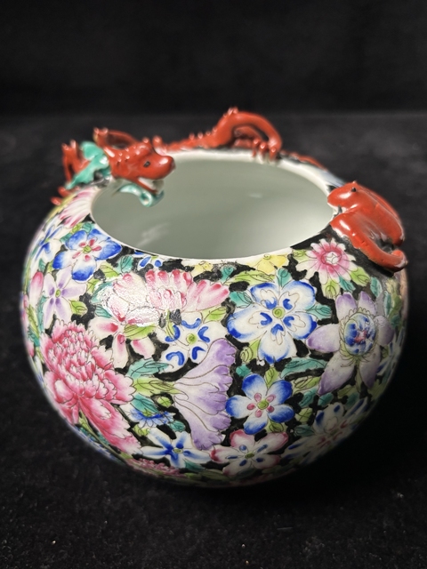 古玩陶瓷粉彩百花不落地螭龍洗真品鑒賞圖