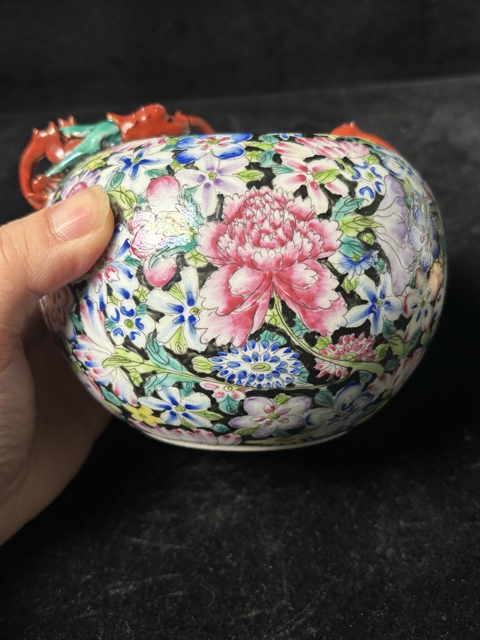 古玩陶瓷粉彩百花不落地螭龍洗真品鑒賞圖