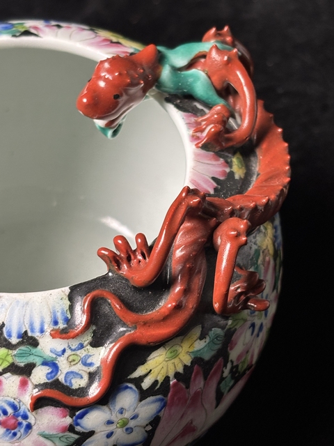 古玩陶瓷粉彩百花不落地螭龍洗真品鑒賞圖