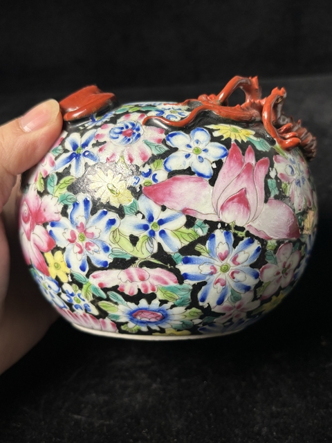 古玩陶瓷粉彩百花不落地螭龍洗真品鑒賞圖