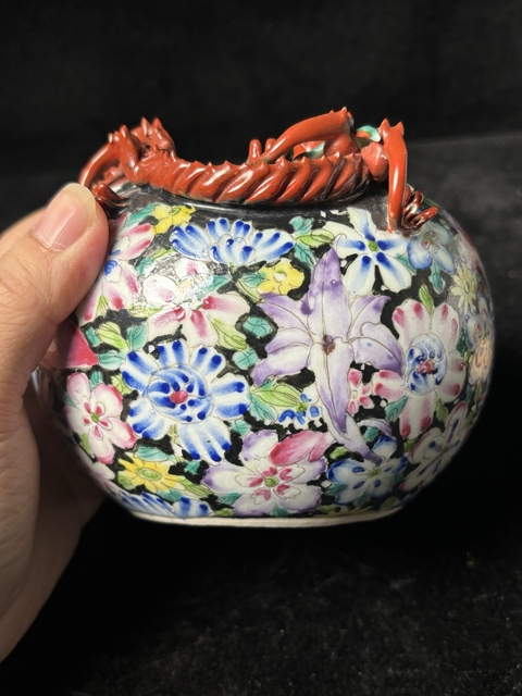 古玩陶瓷粉彩百花不落地螭龍洗真品鑒賞圖