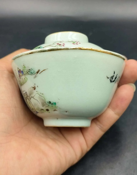 古玩陶瓷民國粉彩人物故事陶淵明愛菊小蓋碗拍賣,當前價格680元
