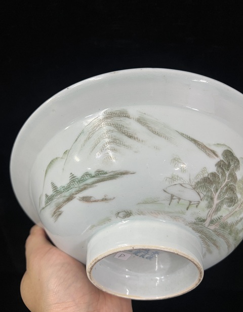 古玩陶瓷淺降彩山水詩文大碗拍賣,當前價格1200元
