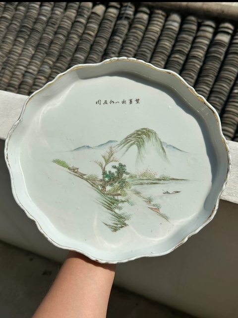 古玩陶瓷淺絳彩山水人物茶盤真品鑒賞圖