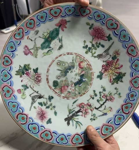 古玩陶瓷粉彩花鳥盤真品鑒賞圖
