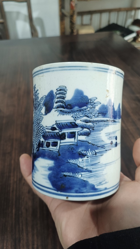 古玩陶瓷青花山水紋筆筒真品鑒賞圖
