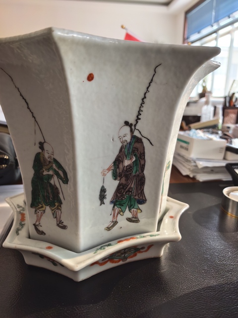 古玩陶瓷樵漁耕讀八角五彩花盆真品鑒賞圖