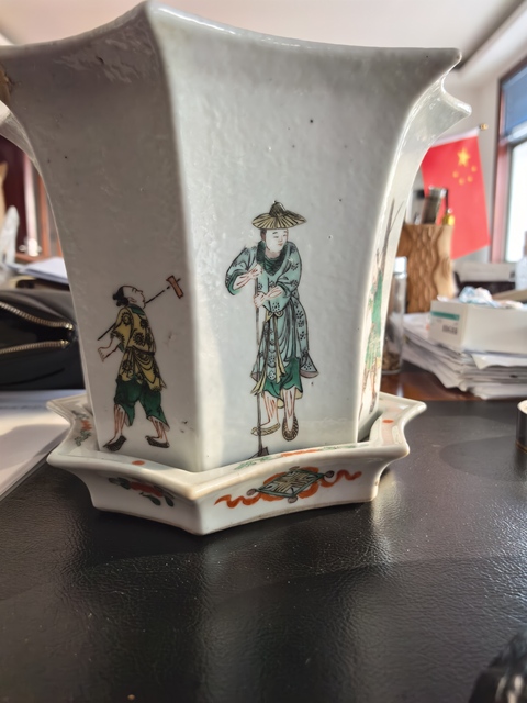 古玩陶瓷樵漁耕讀八角五彩花盆真品鑒賞圖