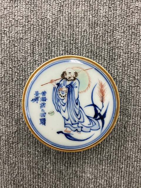 古玩陶瓷清早期青花五彩達(dá)摩渡江圖印盒真品鑒賞圖