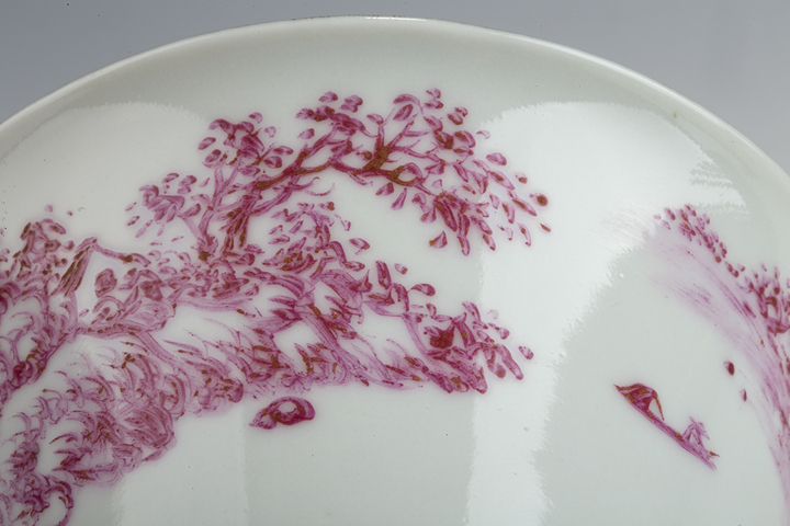 古玩陶瓷民國·胭脂紅彩山水紋三才蓋碗拍賣，當前價格1888元