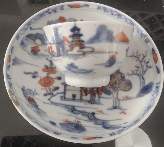 古玩陶瓷清早期 青花礬紅描金山水風景紋杯碟一套真品鑒賞圖