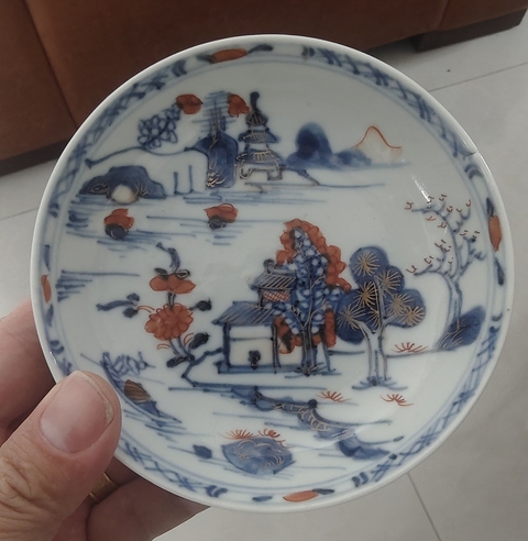 古玩陶瓷清早期 青花礬紅描金山水風景紋杯碟一套真品鑒賞圖