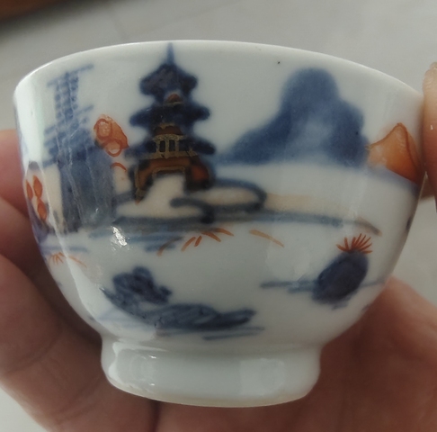 古玩陶瓷清早期 青花礬紅描金山水風景紋杯碟一套真品鑒賞圖