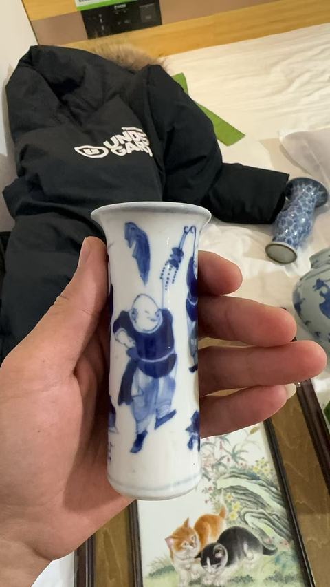 古玩陶瓷市井人物紋青花花觚真品鑒賞圖