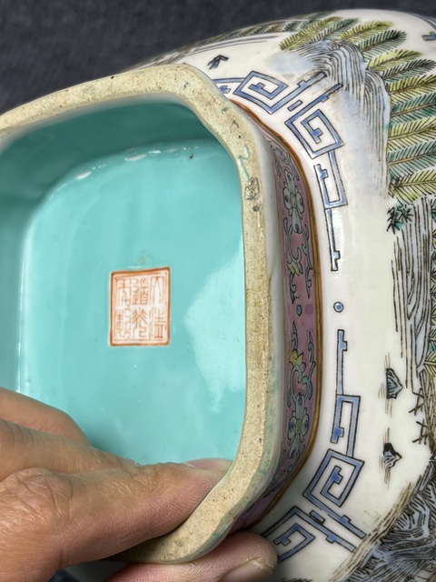 古玩陶瓷粉彩山水人物紋四方倭角大碗真品鑒賞圖