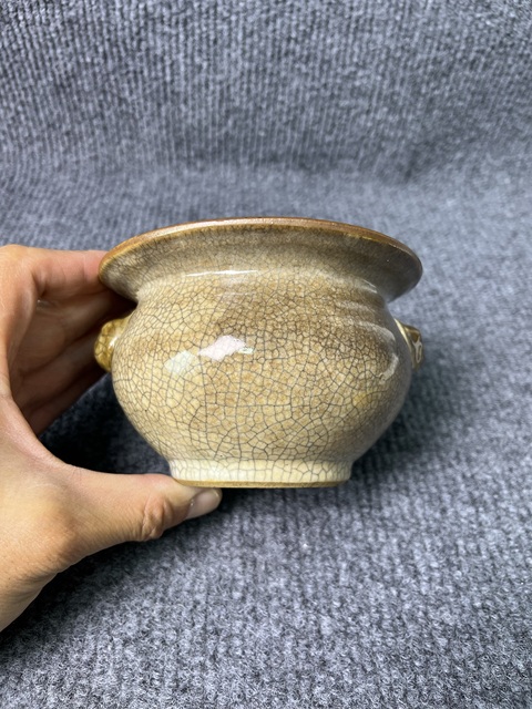 古玩陶瓷清中·哥釉獸耳香爐真品鑒賞圖