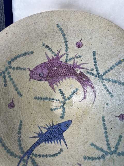 古玩陶瓷內魚藻紋外珍珠地斗笠型大碗真品鑒賞圖