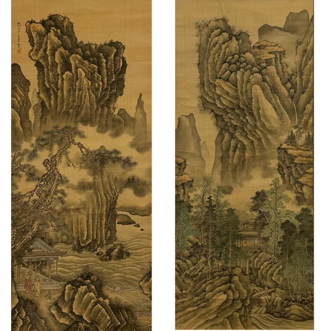 古玩字畫山水雙幅真品鑒賞圖