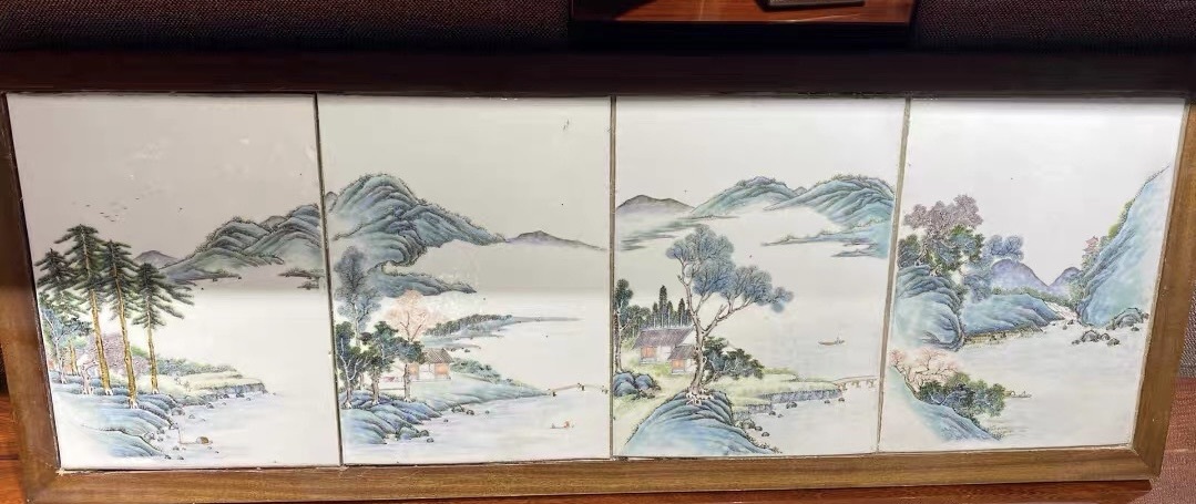 古玩陶瓷民國 粉彩山水紋瓷板真品鑒賞圖