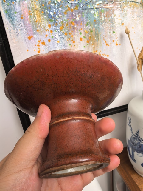 古玩陶瓷紅釉高足盤真品鑒賞圖