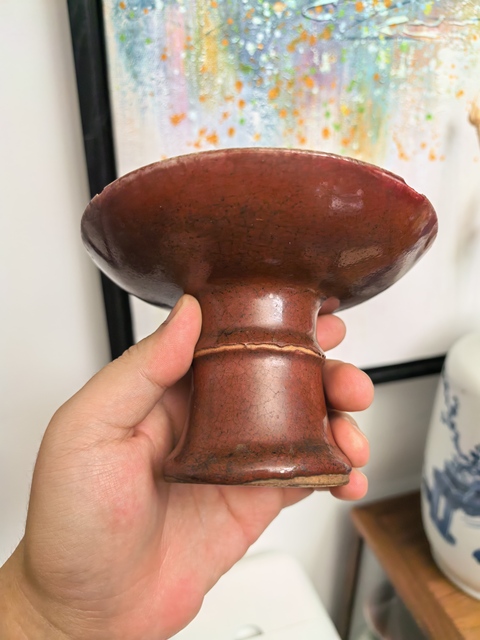 古玩陶瓷紅釉高足盤真品鑒賞圖