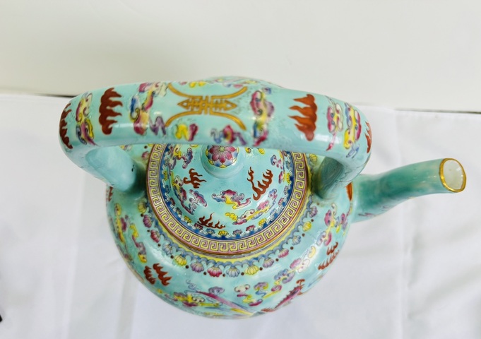 古玩陶瓷松石綠粉彩鳳紋茶壺真品鑒賞圖